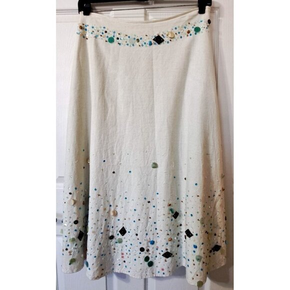Basil & Maude 8 Linen Blend A-Line Side Zip Skirt Sequins Beads Boho - Picture 7 of 14